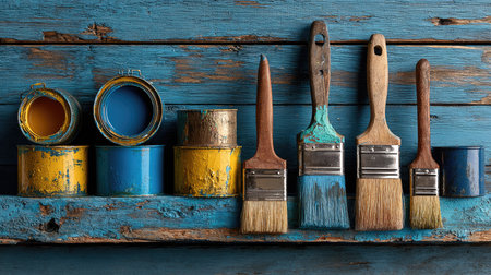 A collection of colorful paint cans and various brushes displayed on a rustic wooden shelf, perfect for artistic and creative projects in any workshop.の素材