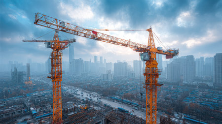 A panoramic view of an urban construction site featuring two towering cranes amidst a sprawling cityscape under a dramatic, cloudy sky.の素材