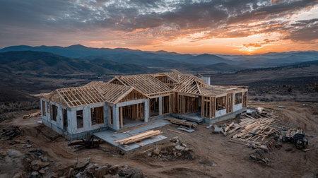 A captivating view of a residential construction site showcasing a wooden framework under a beautiful sunset and distant mountains, highlighting development.の素材