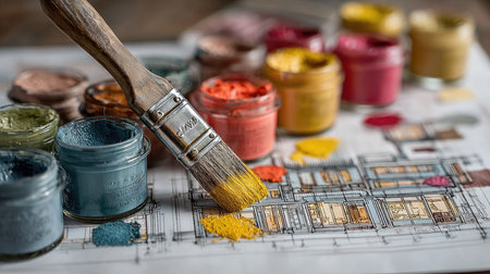 A close-up view of a paintbrush dipped in yellow, surrounded by colorful jars, resting on an architectural blueprint, illustrating creativity in design.の素材