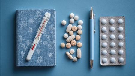A visual representation of essential health tools including a thermometer, various tablets, a notebook, and a pen, set on a blue background. Ideal for wellness and healthcare themes.の素材