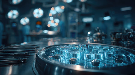 A close-up view of surgical instruments and glass vials in a modern operating room, enhanced by blue lighting. The soft focus on the background emphasizes a professional healthcare environment ready for a surgical procedure.の素材