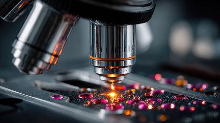 A close-up view of a microscope lens highlighting vibrant liquid drops on a slide, emphasizing precision and detail in scientific research and observation.の素材