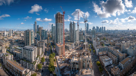 A stunning aerial view of an urban construction site featuring cranes and a dynamic city skyline, showcasing progress and architectural development.の素材