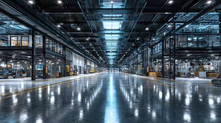 This image showcases a bright and spacious industrial warehouse interior featuring modern design elements, clean aisles, and efficient lighting.の素材
