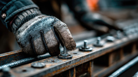 A close-up shot showcasing a worker's gloved hand carefully installing a bolt onto metal structures in a bustling industrial workshop environment.の素材
