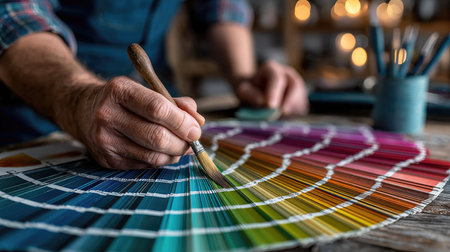A skilled artist's hand delicately chooses vibrant colors from an array of paint swatches using a brush, set in a cozy studio filled with warm lights.の素材