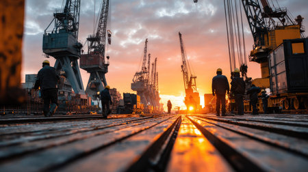 A vibrant sunset casts an orange glow over an industrial dock, highlighting silhouettes of workers and towering cranes as they engage in loading activities.の素材