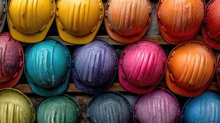An organized display featuring an array of colorful hard hats hanging on a wooden board, symbolizing safety and readiness in construction environments.の素材