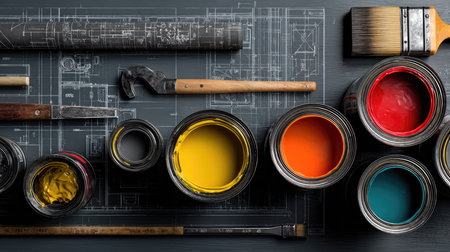 A visually striking arrangement of paint cans and tools atop an architectural blueprint. This image evokes creativity, design, and artistic inspiration in renovation projects.の素材