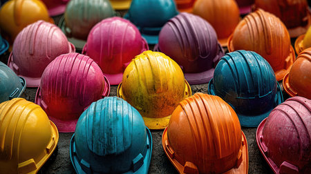 A vibrant array of colorful hard hats neatly arranged on a surface, showcasing various shades that enhance the visibility and safety of workers on construction sites.の素材
