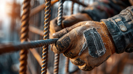 A close-up image showing a construction worker's hand gripping steel rebar with gloves, symbolizing manual labor and craftsmanship at a building site during sunrise.の素材