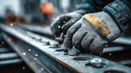 A close-up view of a worker's gloved hands carefully tightening a metal bolt on railway tracks, surrounded by an industrial environment, showcasing manual labor and focus.の素材