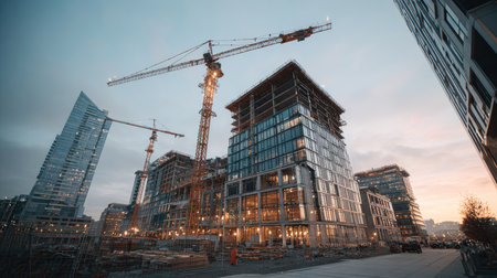 A dynamic view of a modern urban construction site at sunset, showcasing cranes and innovative architecture in a bustling city environment.の素材