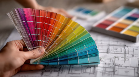 A detailed image showcasing a variety of vibrant color palettes held against blueprints, ideal for architects and designers seeking inspiration.の素材