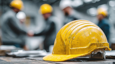 This image features a vibrant yellow hard hat in sharp focus, while blurred workers shake hands in the background, emphasizing teamwork in the construction industry.の素材