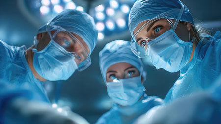 A surgical team works collaboratively in an operating room, showcasing intense concentration and professionalism while performing a medical procedure.の素材