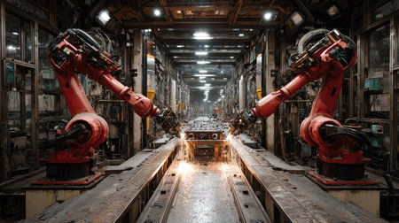 This image captures two industrial robotic arms actively engaged in a precision manufacturing process, producing sparks in a modern factory setting.の素材