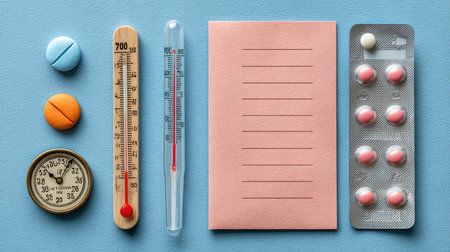 A collection of essential medical tools including a thermometer, various pills, and a notepad, emphasizing health, wellness, and medication management.の素材