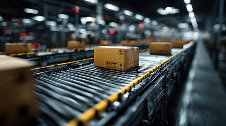 A detailed view of a conveyor belt system in a contemporary warehouse featuring cardboard boxes moving along the line, ready for shipping and distribution.の素材