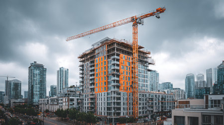 Dramatic view showcasing a modern construction site with a vibrant apartment building and a large crane in an urban setting under a cloudy sky.の素材