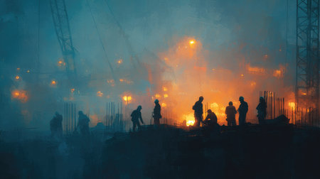 This captivating image captures construction workers silhouetted against a fiery backdrop during twilight, highlighting the energy and drama of urban development.の素材