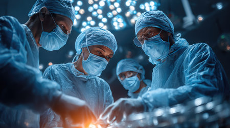 A focused team of surgeons in blue surgical gowns and masks meticulously prepares for surgery in a modern operating room filled with advanced technology.の素材