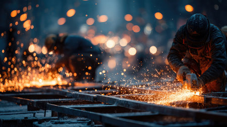 A dramatic scene captures skilled workers in an industrial workshop, using machinery to cut metal, producing vibrant sparks against a dimly lit backdrop.の素材