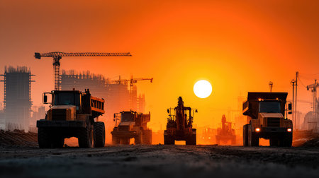 Heavy machinery operates at a construction site, silhouetted against a stunning sunset. The scene captures the essence of industrial development and progress.の素材