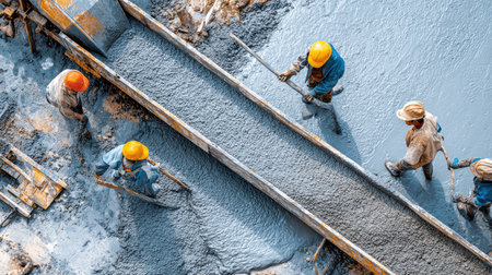 Aerial view of construction workers pouring fresh concrete at a bustling urban development site. Workers wear safety gear and demonstrate teamwork as they manage heavy machinery, showcasing skilled labor in action.の素材