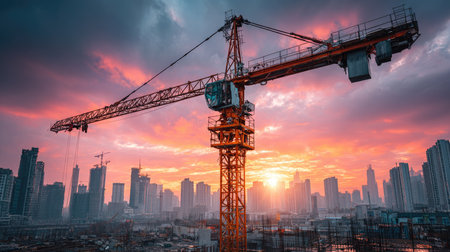 A striking image of a construction crane set against a vibrant sunset illuminating the urban skyline, showcasing the blend of nature and industry in a bustling city.の素材