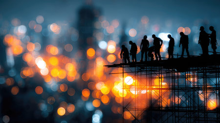This dramatic image captures silhouetted construction workers on a rooftop at dusk, with a dreamy cityscape illuminated by vibrant lights in the background.の素材