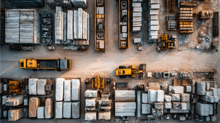 Captured from above, this image showcases an industrial warehouse site with organized storage containers and yellow trucks navigating the space.の素材