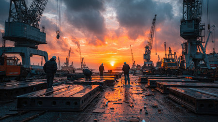 The image captures workers engaged in activities at a busy dock during sunset. Cranes are silhouetted against a colorful sky, creating a dramatic atmosphere.の素材