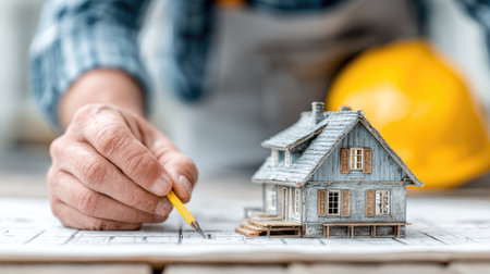 A focused architect's hand holds a pencil above a miniature house model on a detailed blueprint, with a safety helmet nearby, representing construction planning.の素材