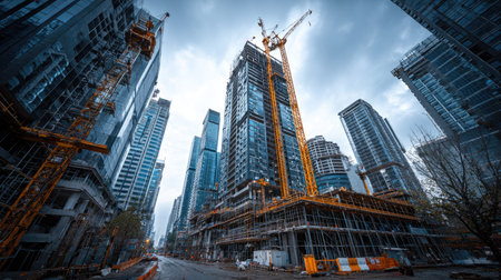 A dramatic urban construction scene showcasing tall buildings and cranes under a moody, cloudy sky. The image captures the essence of modern development.の素材