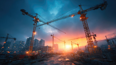 A stunning view of a construction site during sunset, showcasing towering cranes against a vibrant sky filled with dramatic clouds and glowing lights.の素材