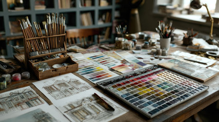Explore a vibrant art studio filled with brushes, paints, and creative materials, capturing the essence of artistic expression in a dynamic workspace.の素材