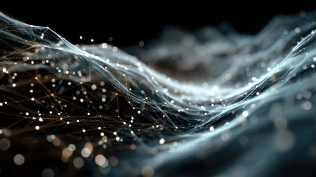 This captivating abstract image showcases a mesmerizing blend of particles and flowing waves in dark tones, evoking a sense of depth and movement.の素材