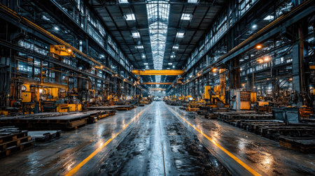 This image showcases a spacious industrial warehouse filled with machinery and equipment. The bright lights illuminate the organized space, highlighting the tools and vehicles used in manufacturing and logistics processes.の素材