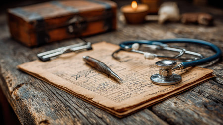 A vintage medical document lies on a rustic wooden table alongside a stethoscope and an antique box, creating a nostalgic atmosphere of healthcare history.の素材