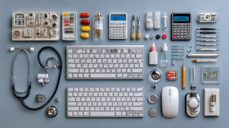 This image showcases a well-organized collection of medical and office supplies arranged on a gray surface, ideal for healthcare and professional settings.の素材