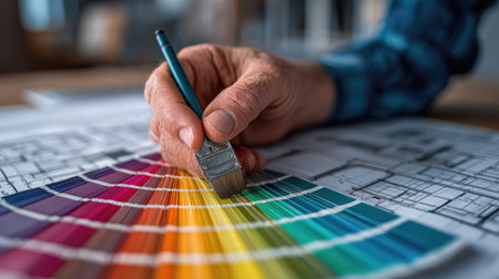 A close-up view of a hand using a paintbrush on a vibrant color palette, showcasing the blending of colors for a design project. Ideal for themes in creativity and home renovation.の素材
