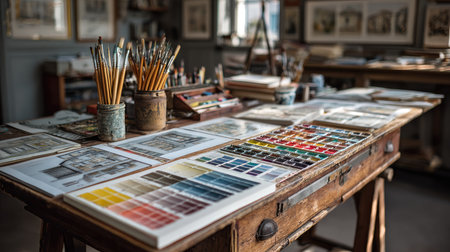 A charming art studio showcasing a variety of watercolor palettes, brushes, and sketches neatly arranged on a rustic wooden table, inspiring creativity.の素材
