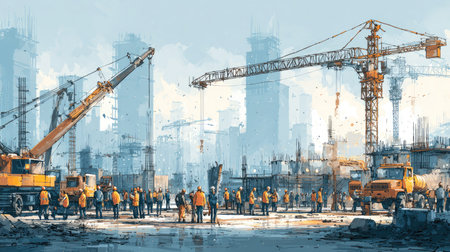 This image captures a bustling construction site featuring numerous workers engaged in various tasks under the supervision of cranes and heavy machinery.の素材