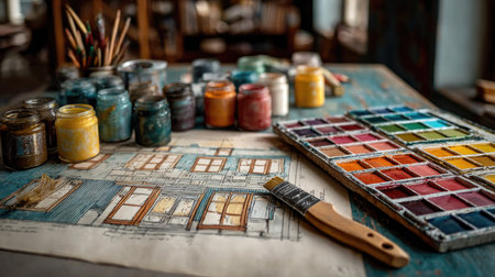 A vibrant artistic workspace filled with jars of paint, a watercolor palette, and sketching materials, perfect for igniting creativity and inspiration.の素材