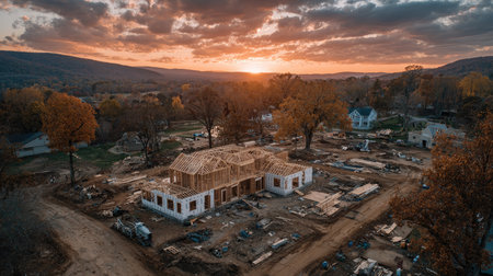 A breathtaking aerial view of a construction site during sunset, showcasing a framed house amid a picturesque landscape with vibrant colors.の素材