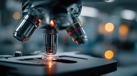 This image captures a close-up view of a microscope lens focused on a sample slide, showcasing intricate details and illumination. The blurred laboratory background emphasizes the precision and technology involved in scientific research and analysis.の素材