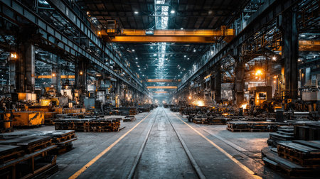 An expansive industrial warehouse filled with machinery and storage racks, illuminated by dramatic lighting, showcasing a bustling manufacturing environment.の素材
