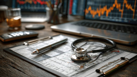 A close-up view of a stethoscope on medical documents next to a laptop displaying financial charts, emphasizing the fusion of healthcare and data analysis.の素材